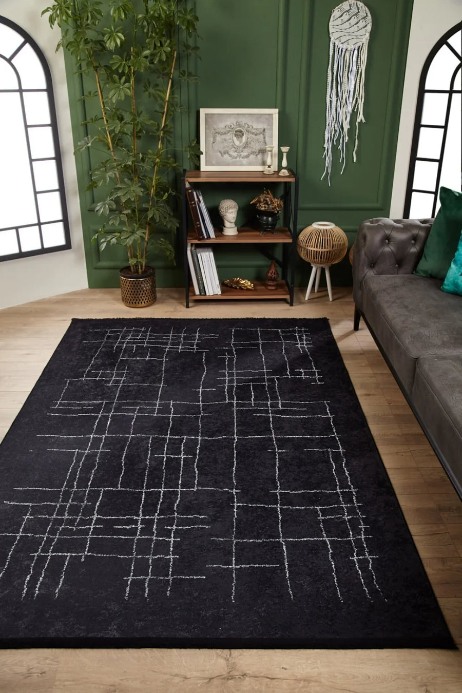 Antrasit Siyah Geometrik Minimalist Halı - Yıkanabilir - Kaymaz Taban - Pati Dostu