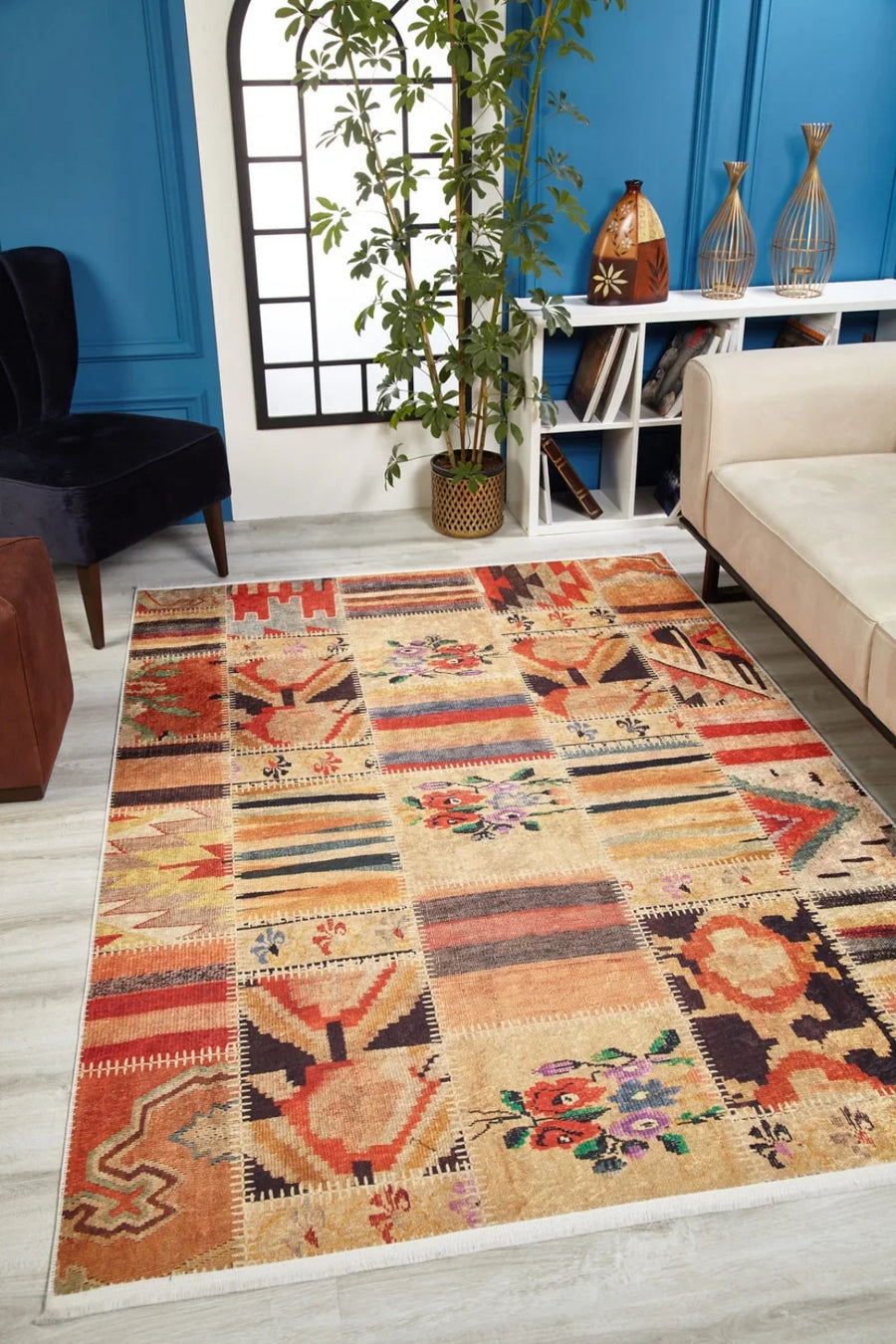 Bej Dokulu Minimalist Halı - Yıkanabilir - Kaymaz Taban - Pati Dostu
