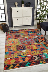 Red Orange Ethnic Living Room Rug - Polyester