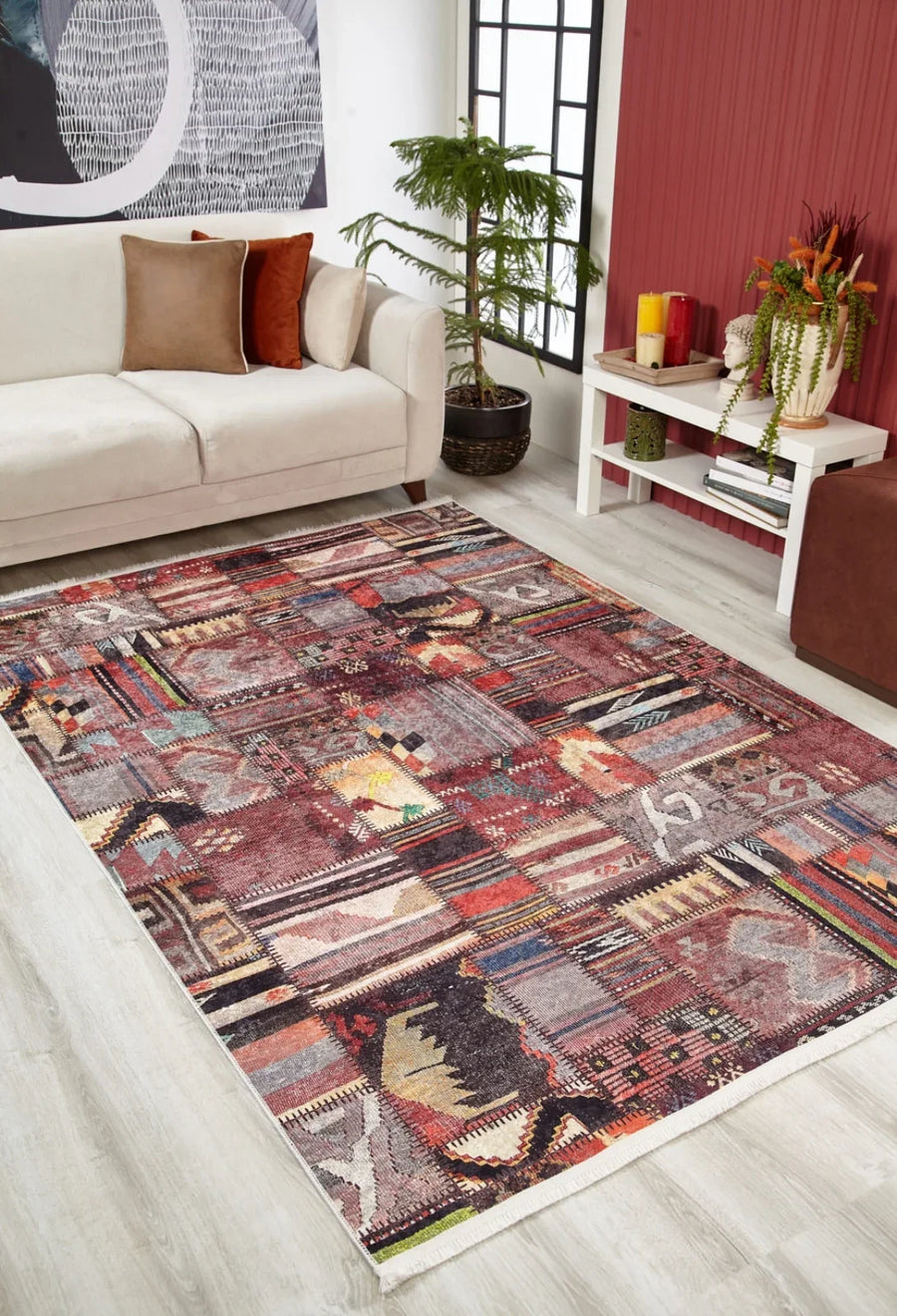 Bohem Stil Klasik Motifli Halı - Yıkanabilir - Kaymaz Taban - Pati Dostu