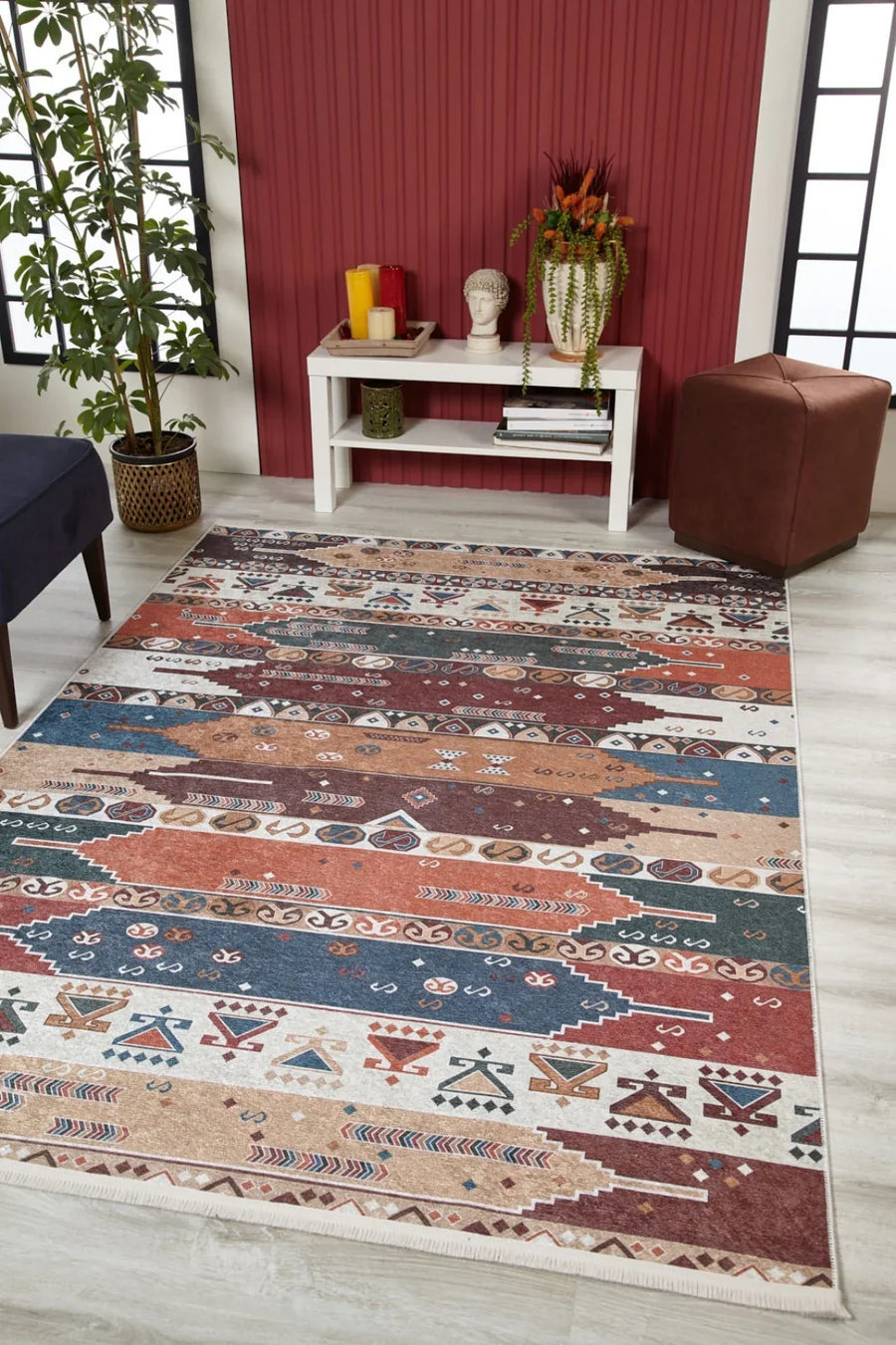 Etnik Geometrik Halı - Yıkanabilir - Kaymaz Taban - Pati Dostu