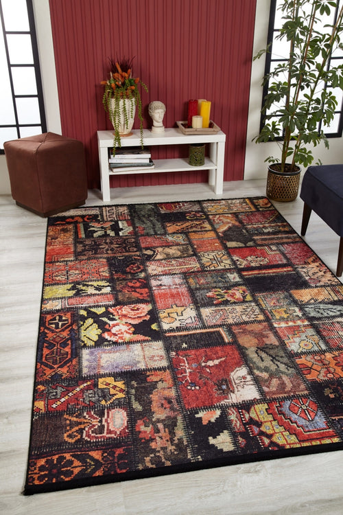 Blaszki Siyah Patchwork Dijital Baskı Halı Halınet