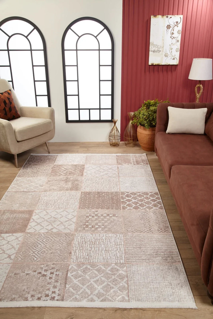 Bej Krem Geometrik Desenli Minimalist Halı - Yıkanabilir - Kaymaz Taban - Pati Dostu