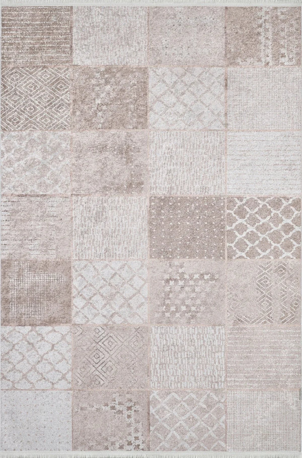 Bej Krem Geometrik Desenli Minimalist Halı - Yıkanabilir - Kaymaz Taban - Pati Dostu