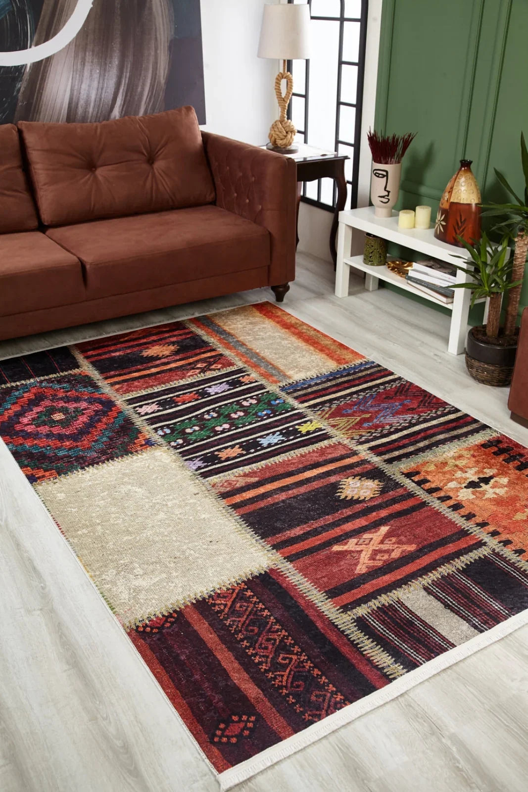 Geleneksel Stil Geometrik Desenli Halı - Yıkanabilir - Kaymaz Taban - Pati Dostu