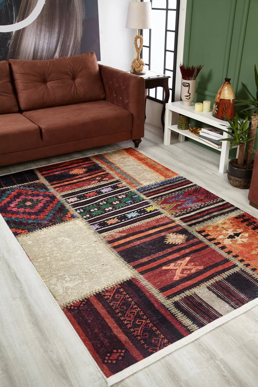 Geleneksel Stil Geometrik Desenli Halı - Yıkanabilir - Kaymaz Taban - Pati Dostu