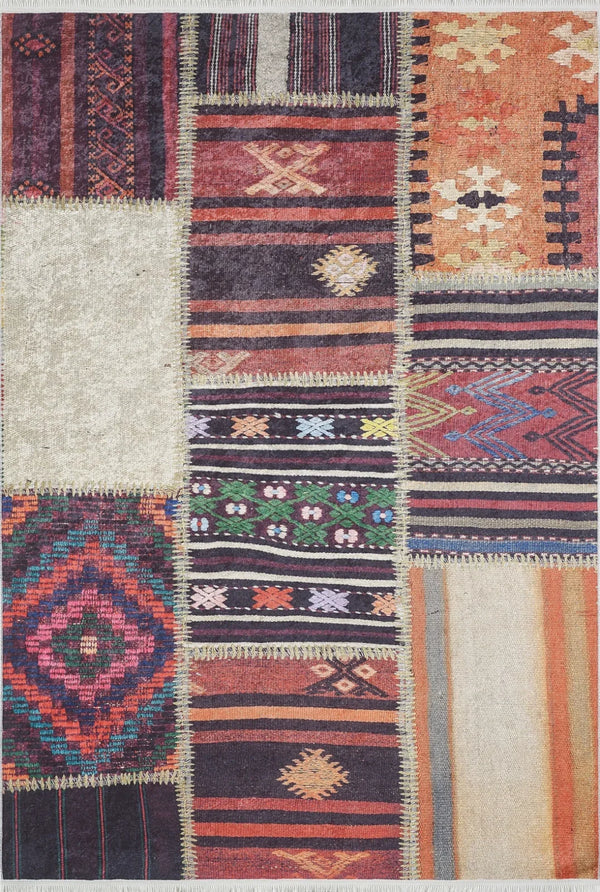 Geleneksel Stil Geometrik Desenli Halı - Yıkanabilir - Kaymaz Taban - Pati Dostu