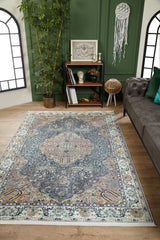 Blue-Gray Blue Distressed Living Room Rug - Polyester Digital Print