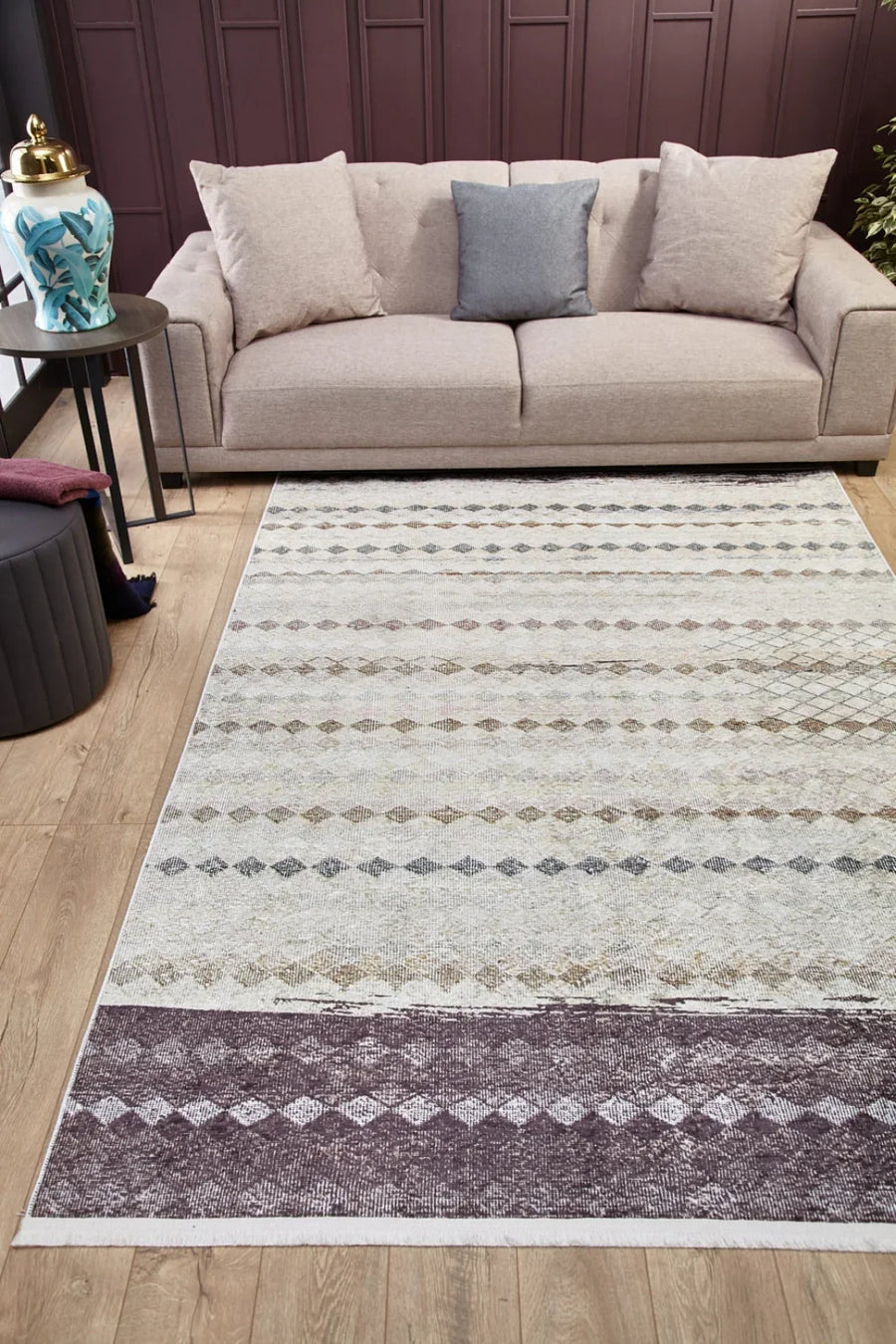 Bej Geometrik Modern Halı - Yıkanabilir - Kaymaz Taban - Pati Dostu