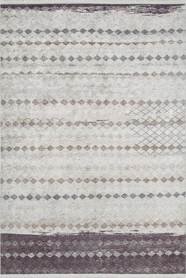 Bej Geometrik Modern Halı - Yıkanabilir - Kaymaz Taban - Pati Dostu