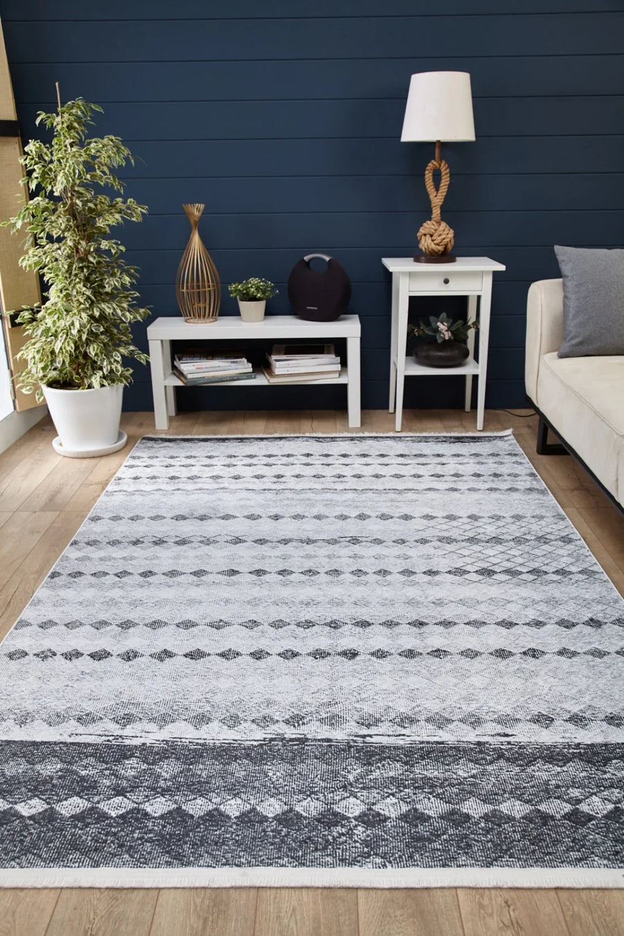 Beyaz Gri Geometrik Minimalist Halı - Yıkanabilir - Kaymaz Taban - Pati Dostu