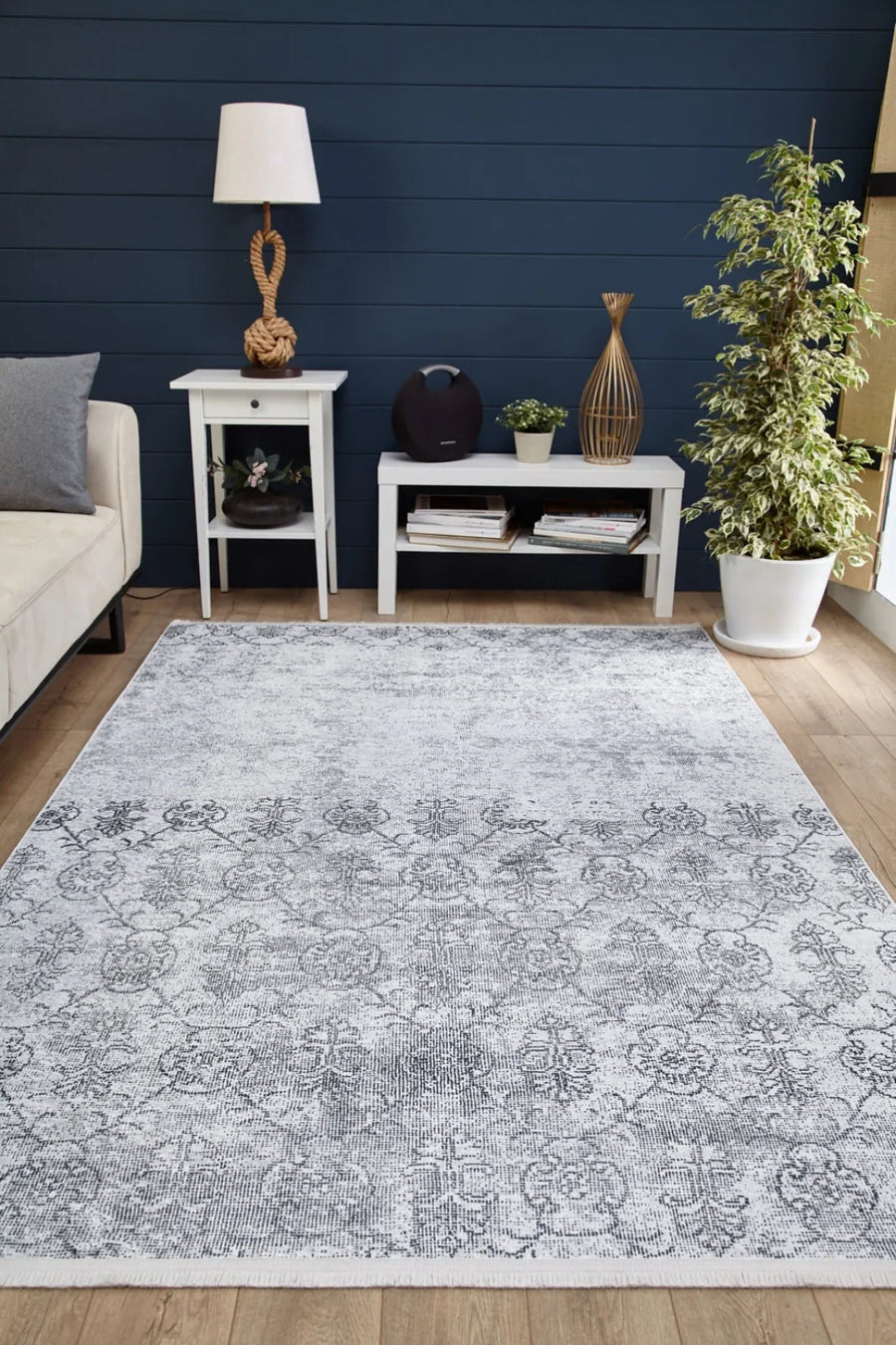 Gri Klasik Minimalist Desenli Halı - Yıkanabilir - Kaymaz Taban - Pati Dostu