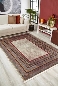 Alfombra beige multicolor con estampado digital, bordes y diseño étnico