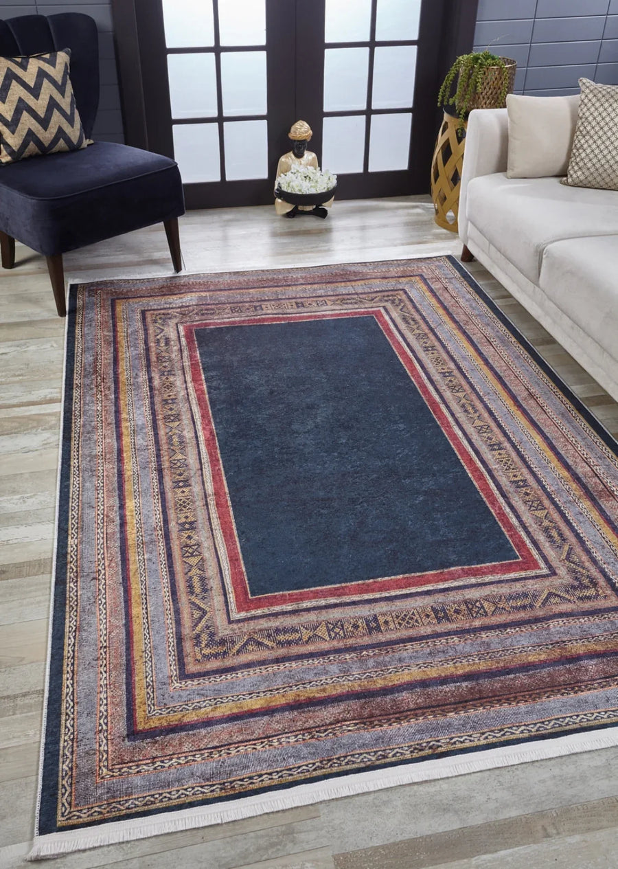 Antrasit Gri Modern Çerçeveli Halı - Yıkanabilir - Kaymaz Taban - Pati Dostu