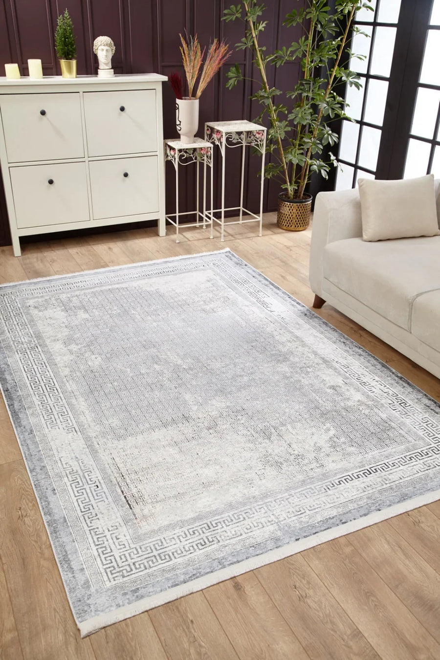Beyaz Gri Bordürlü Modern Halı - Yıkanabilir - Kaymaz Taban - Pati Dostu