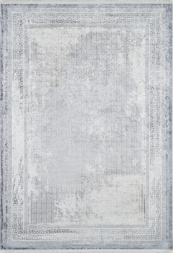 Beyaz Gri Bordürlü Modern Halı - Yıkanabilir - Kaymaz Taban - Pati Dostu