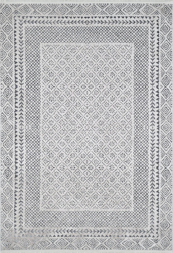 Beyaz Gri Klasik Desenli Modern Halı - Yıkanabilir - Kaymaz Taban - Pati Dostu