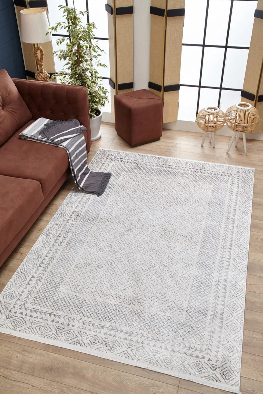 Beyaz Gri Modern Sade Halı - Yıkanabilir - Kaymaz Taban - Pati Dostu