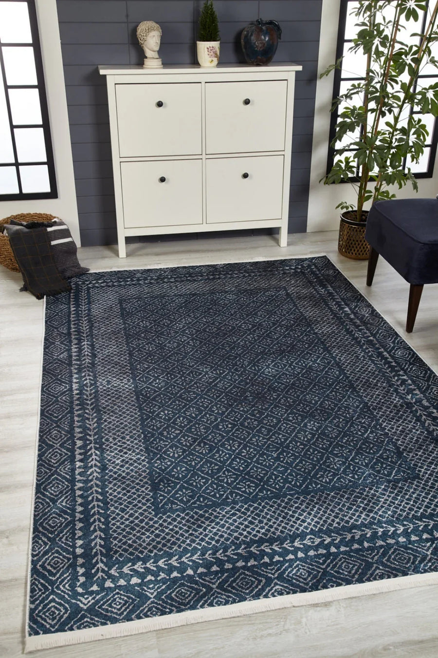 Gri Mavi Bordürlü Modern Halı - Yıkanabilir - Kaymaz Taban - Pati Dostu