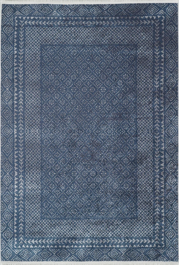 Gri Mavi Bordürlü Modern Halı - Yıkanabilir - Kaymaz Taban - Pati Dostu