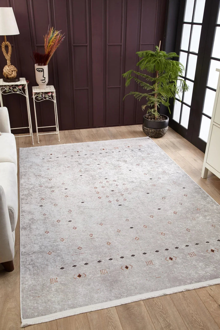 Bej Krem Geometrik Minimalist Halı - Yıkanabilir - Kaymaz Taban - Pati Dostu