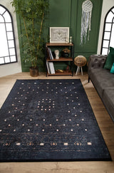 Navy Beige Distressed Geometric Living Room Rug - Polyester