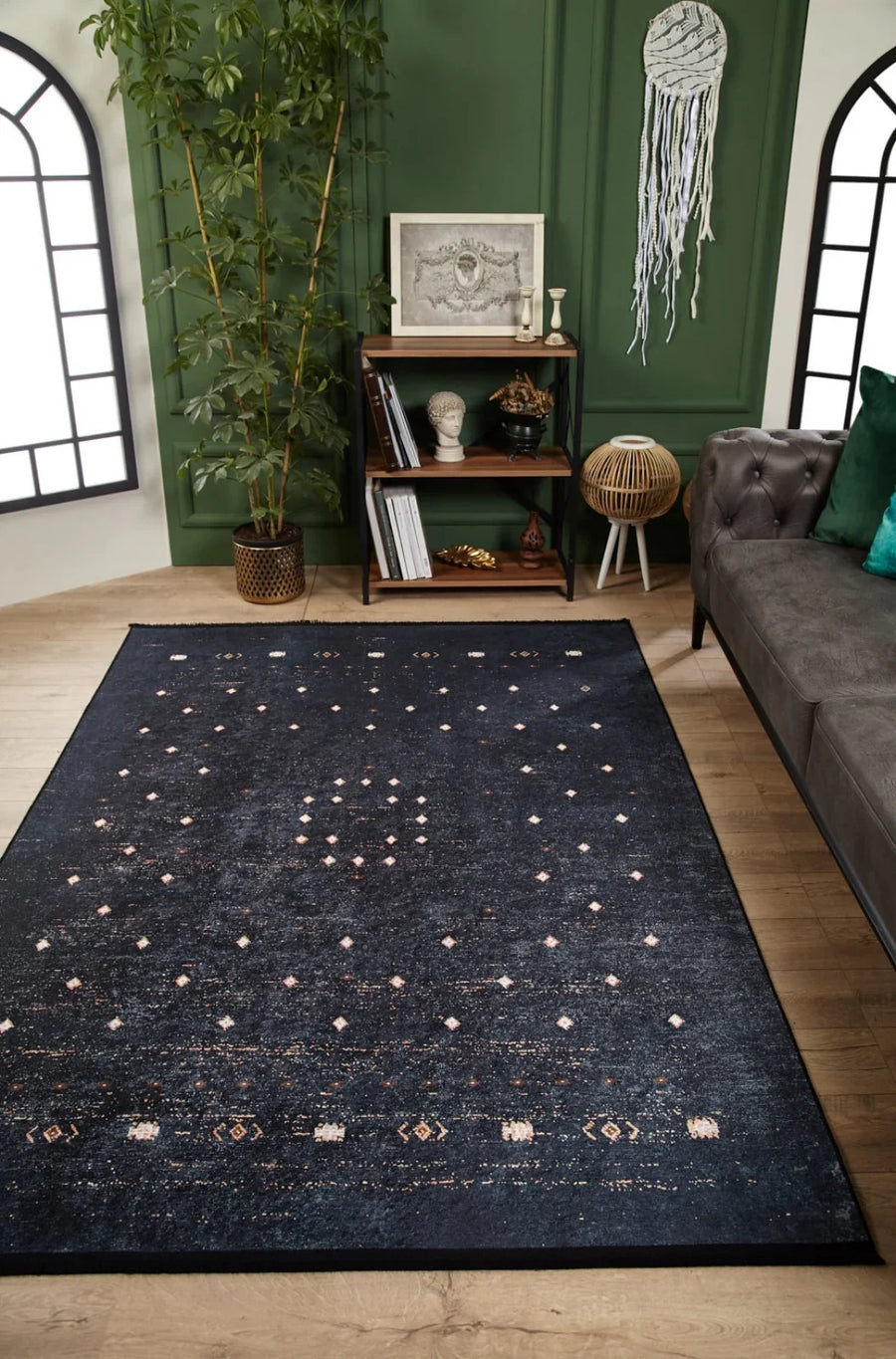 Antrasit Siyah Geometrik Minimalist Halı - Yıkanabilir - Kaymaz Taban - Pati Dostu