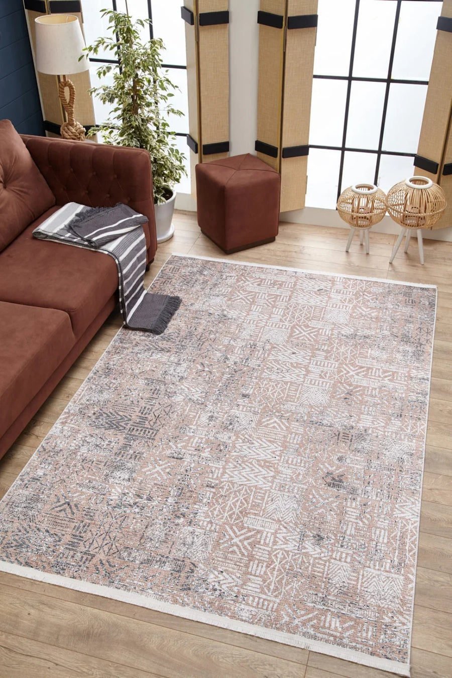Bej Dokulu Modern Halı - Yıkanabilir - Kaymaz Taban - Pati Dostu