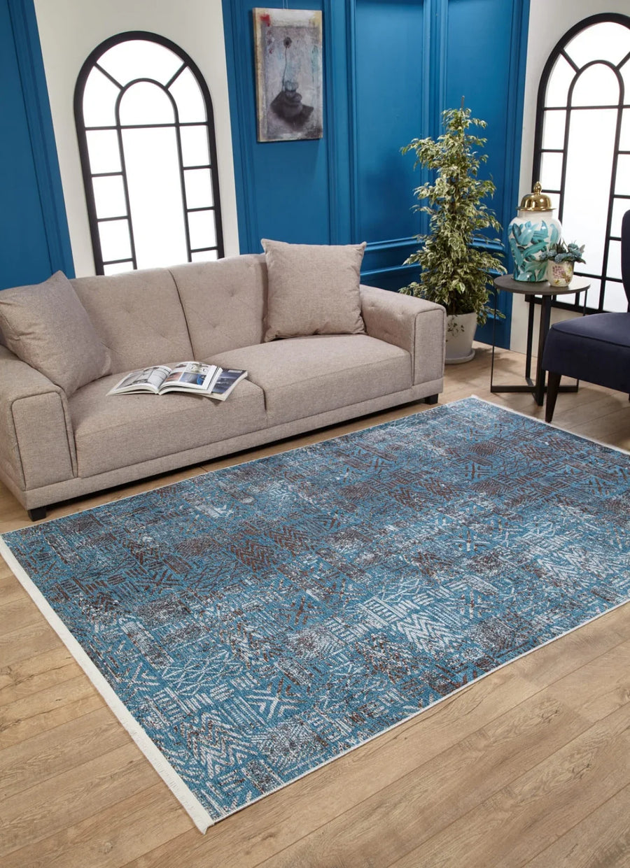 Mavi Dokulu Minimalist Halı - Yıkanabilir - Kaymaz Taban - Pati Dostu