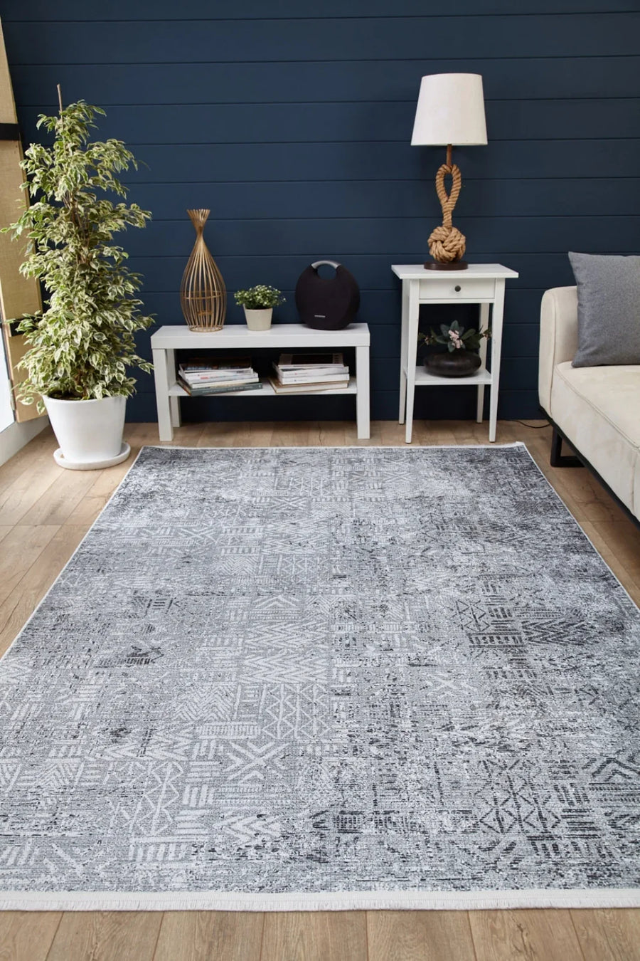 Gri Dokulu Modern Halı - Yıkanabilir - Kaymaz Taban - Pati Dostu