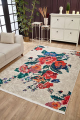 Beige Red Modern Floral Bedroom Rug - Machine Woven