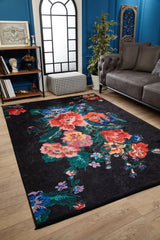 Black Red Modern Floral Bedroom Rug - Polyester