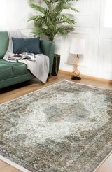Beige Green Distressed Bedroom Rug - Polyester