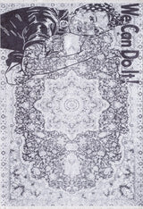 Gray White Distressed Anatolian Medallion Kitchen Rug - Polyester Digital Print