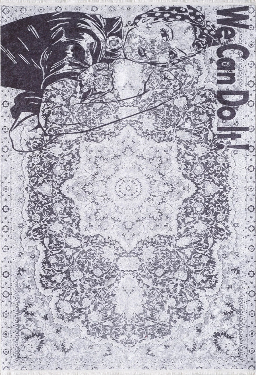 Gri Klasik Desenli Modern Halı - Yıkanabilir - Kaymaz Taban - Pati Dostu