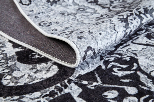 Gri Klasik Desenli Modern Halı - Yıkanabilir - Kaymaz Taban - Pati Dostu