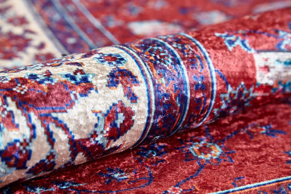 Kırmızı Eskitme Modern Halı - Yıkanabilir - Kaymaz Taban - Pati Dostu