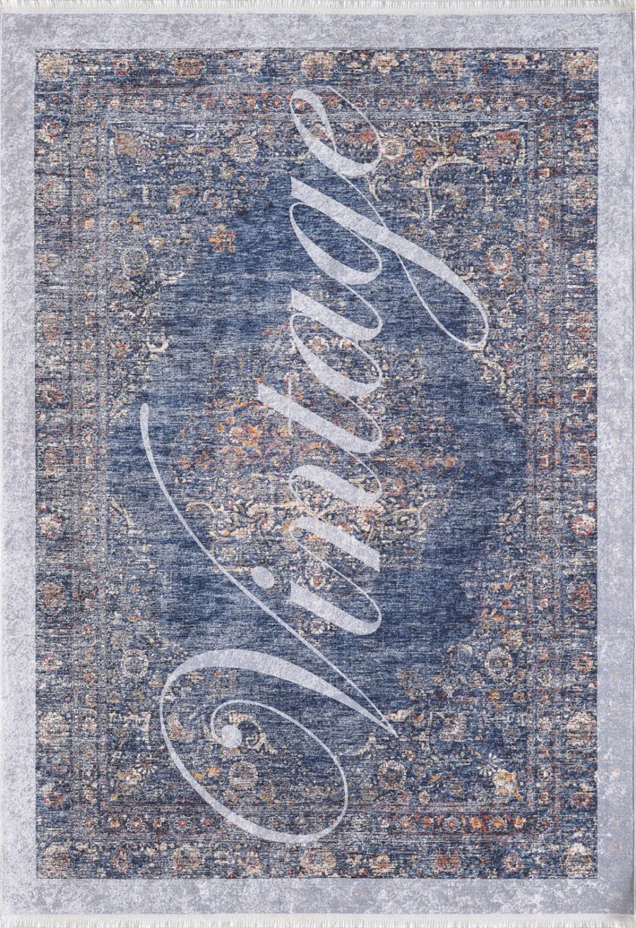 Mavi Eskitme Modern Halı - Yıkanabilir - Kaymaz Taban - Pati Dostu