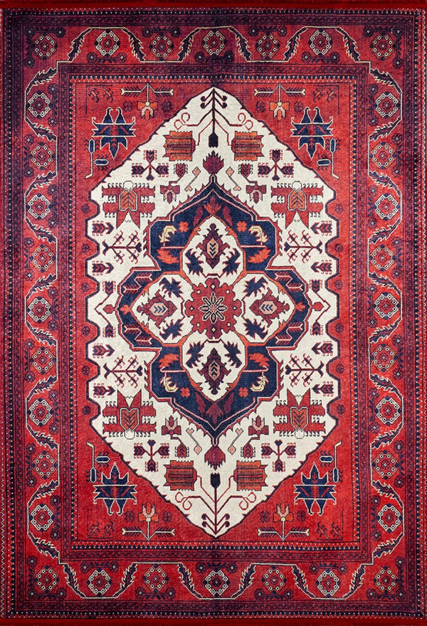 Beyaz Kırmızı Klasik Madalyonlu Halı - Yıkanabilir - Kaymaz Taban - Pati Dostu