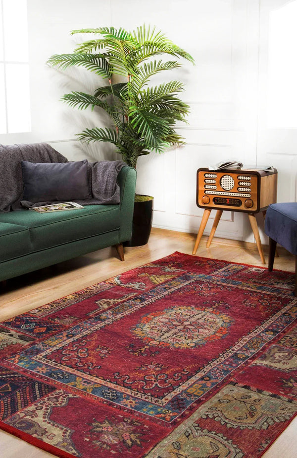 Kırmızı Mavi Eskitme Patchwork Salon Halısı - Polyester