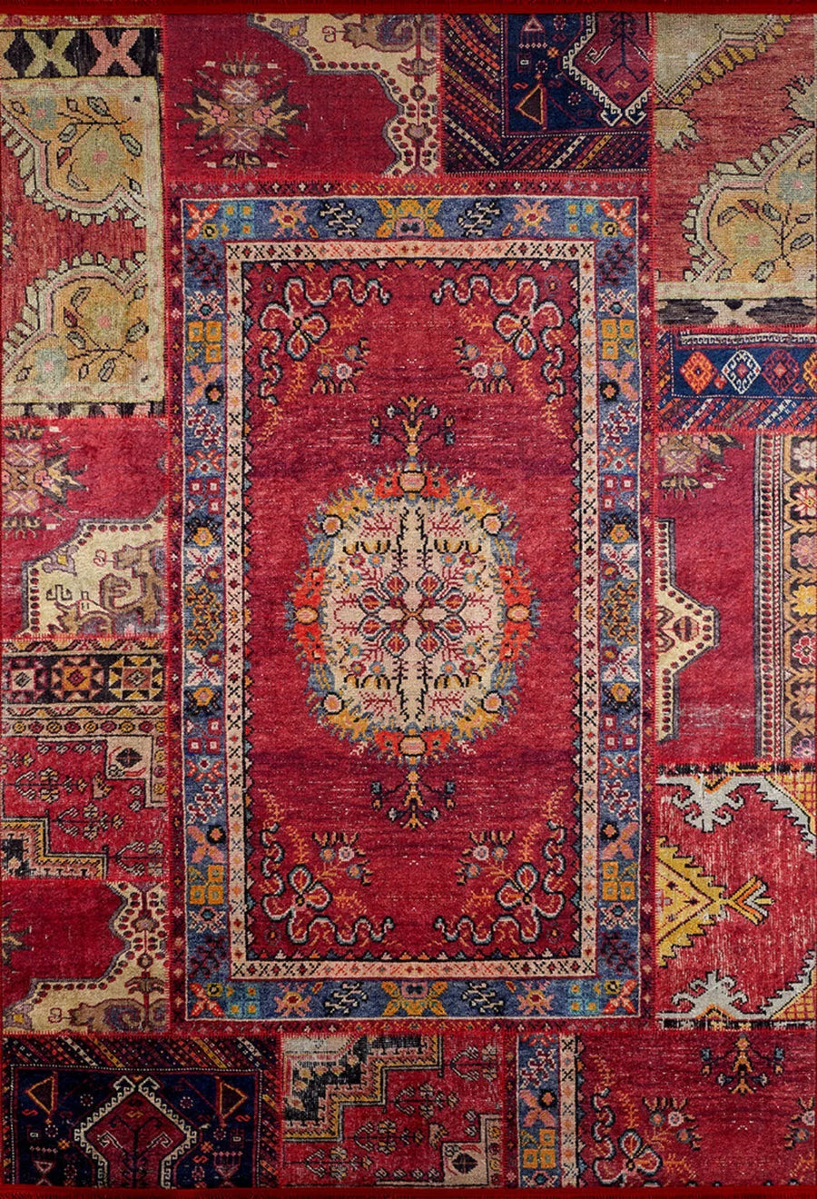 Kırmızı Mavi Eskitme Patchwork Salon Halısı – Oturma Odası kullanımı
