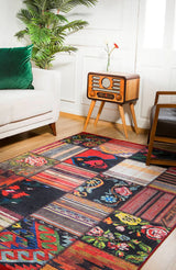 Black Red Distressed Ethnic Patchwork Kitchen Rug - Polyester Digital Print
