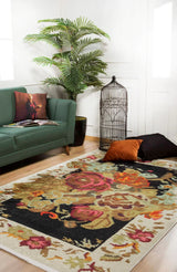 Black Beige Distressed Floral Bedroom Rug - Polyester