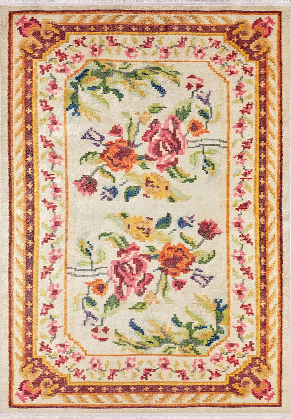 Bej Krem Klasik Desenli Modern Halı - Yıkanabilir - Kaymaz Taban - Pati Dostu
