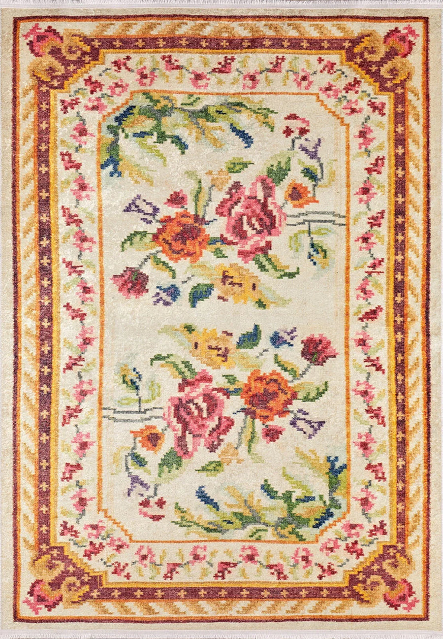 Cream and Pink Floral Area Rug with Classic Design – in the living room