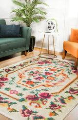 Cream Pink Bohemian Floral Bedroom Rug - Polyester