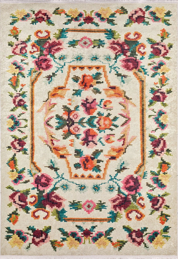 Bej Krem Klasik Desenli Modern Halı - Yıkanabilir - Kaymaz Taban - Pati Dostu