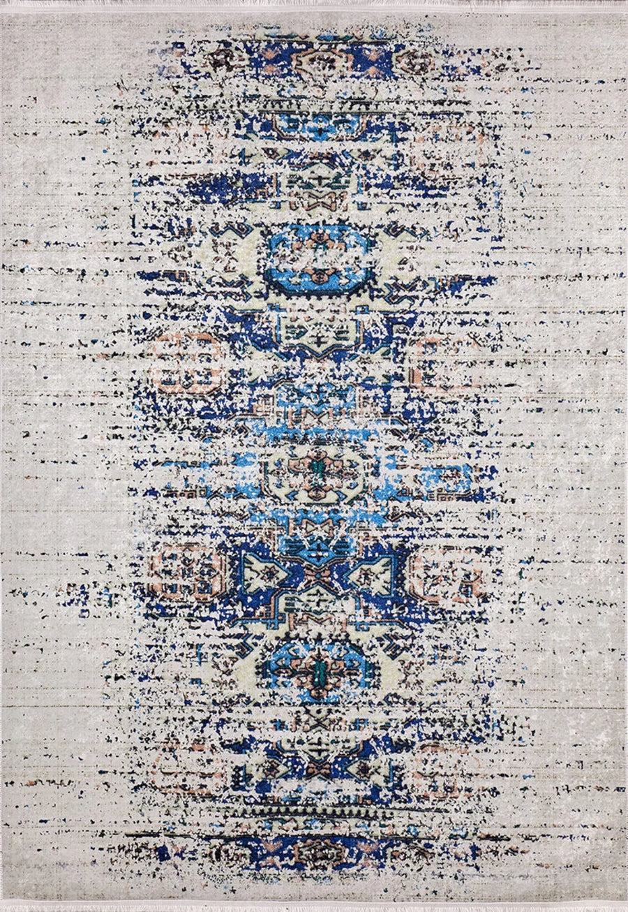 Teppich Blau Weiß mit Abstraktem Muster – im Wohnzimmer