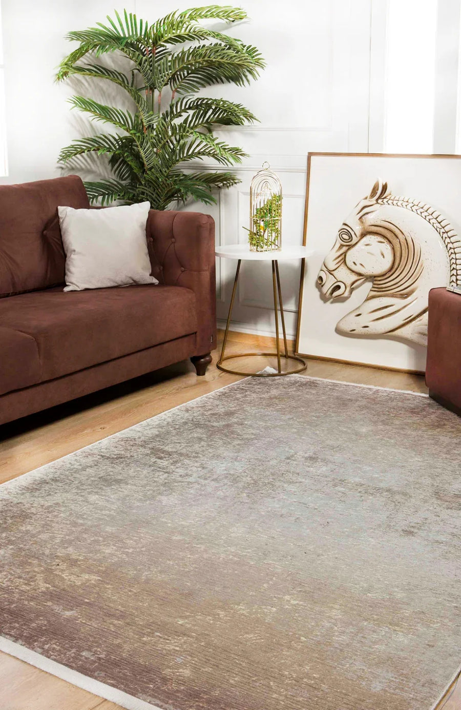 Bej Krem Dokulu Modern Halı - Yıkanabilir - Kaymaz Taban - Pati Dostu