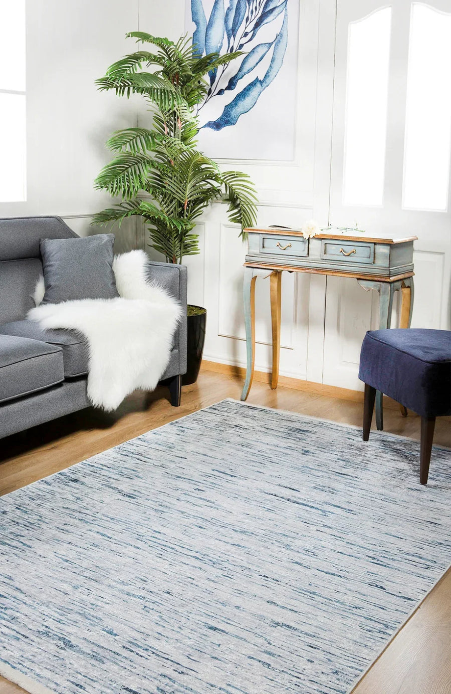 Beyaz Gri Eskitme Modern Halı - Yıkanabilir - Kaymaz Taban - Pati Dostu